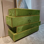 Green Textured Staggered Drawer Console with Gold Metal Borders